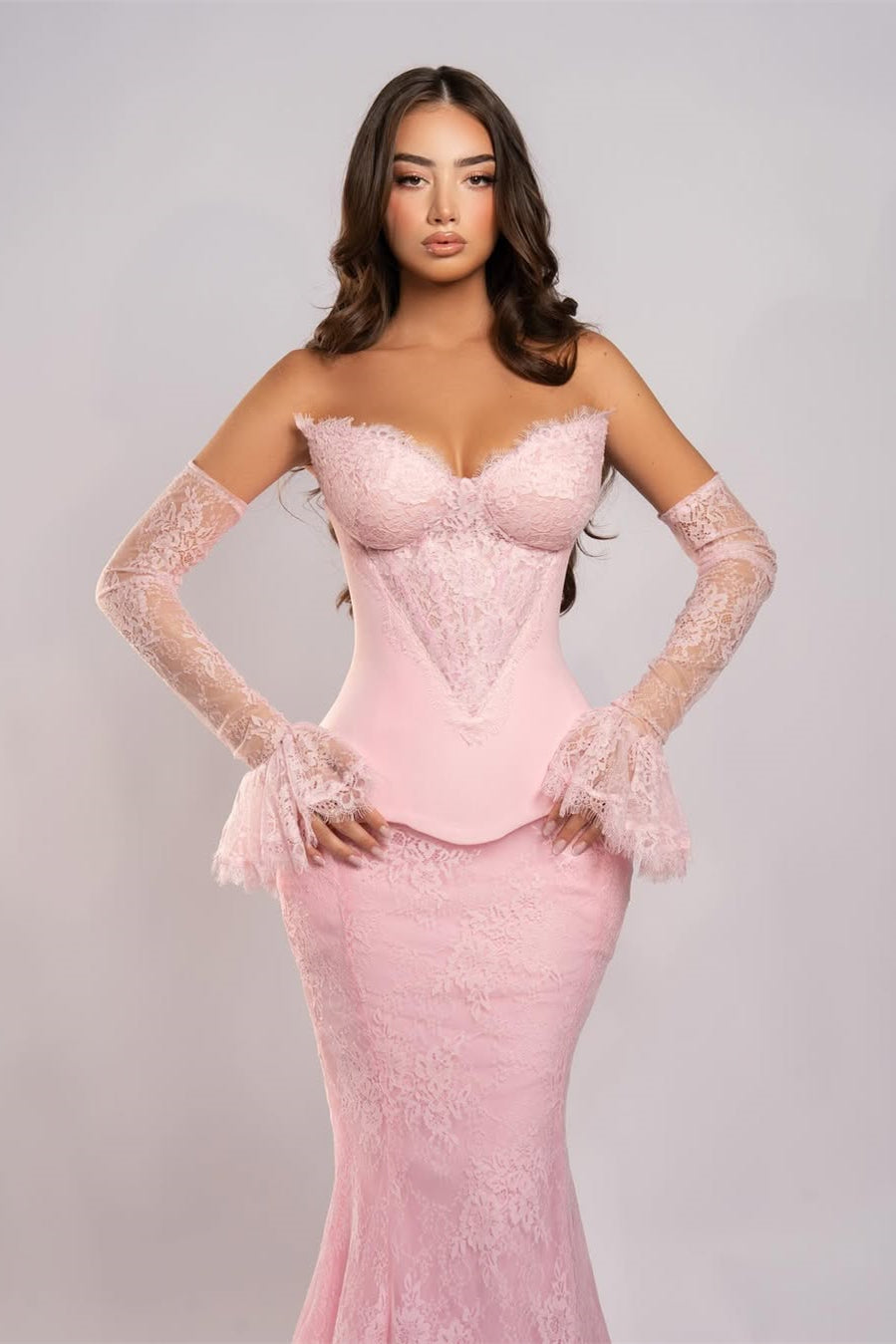 Charming Pink Sweetheart Strapless Lace Mermaid Prom Dress Detachable Long Sleeves