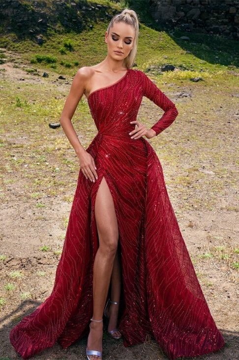 Charming Red Beading One-Shoulder Long A-Line Prom Dress Split