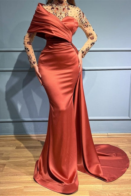 Charming Russet One-Shoulder Stretch Satin Evening Prom Dresses with Ruffles