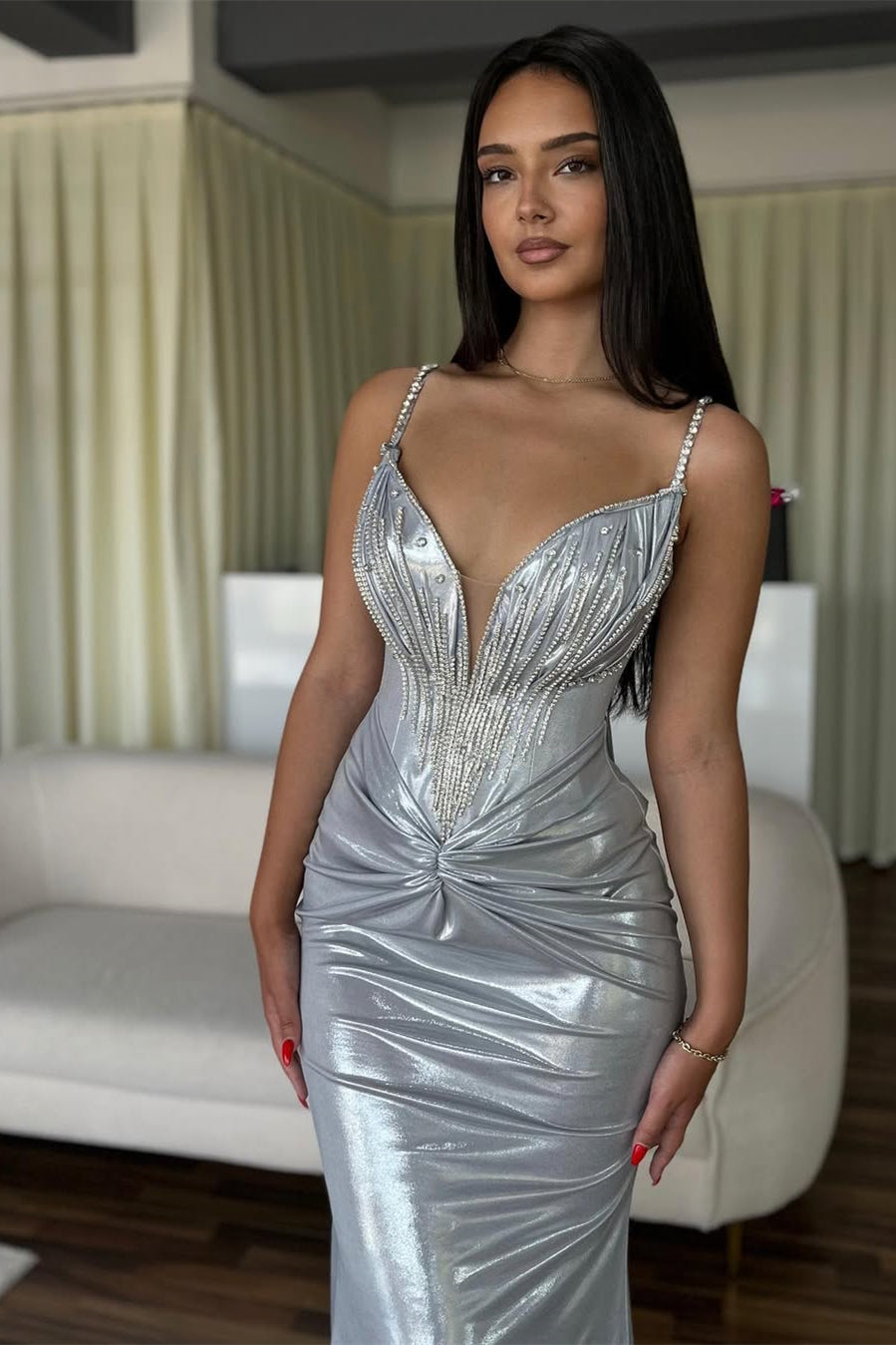 Charming Silver V-Neck Spaghetti-Straps Sleeveless Prom Dresses Mermaid With Beads