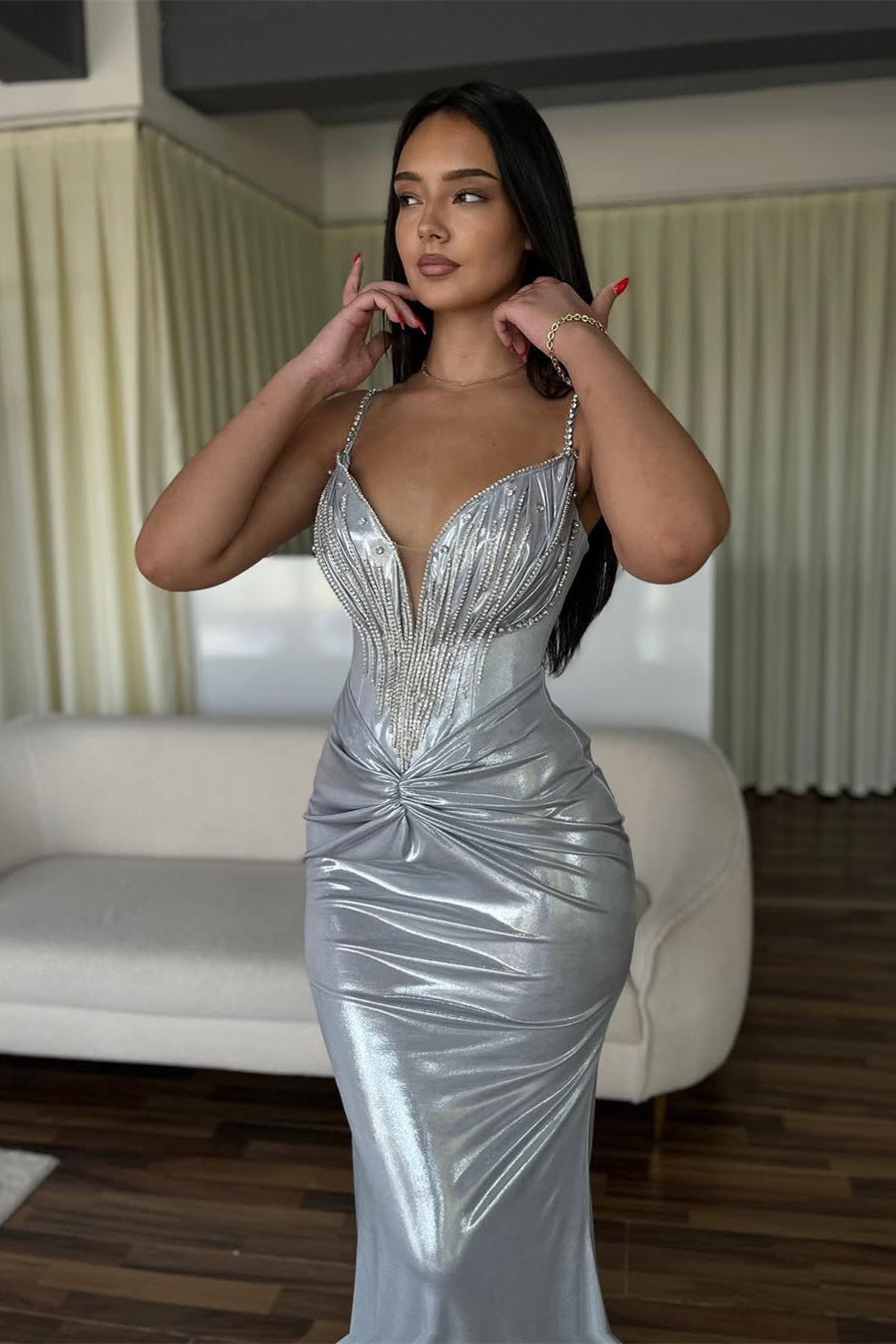 Charming Silver V-Neck Spaghetti-Straps Sleeveless Prom Dresses Mermaid With Beads