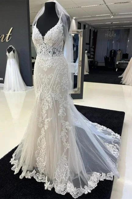 Charming Sweetheart Spaghetti Straps Garden Lace Wedding Dress with Chapel Train (ZD14943)