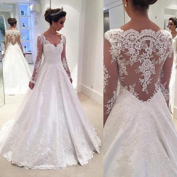 Charming V Neck Appliques A Line Wedding Dress With Long Sleeves (ZD16317)