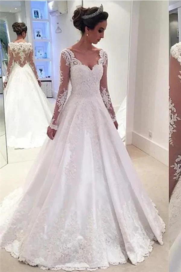 Charming V Neck Appliques A Line Wedding Dress With Long Sleeves (ZD16317)