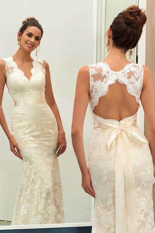 Charming V Neck Lace Sheath Wedding Dress With Sashes WD040 by pgmdress