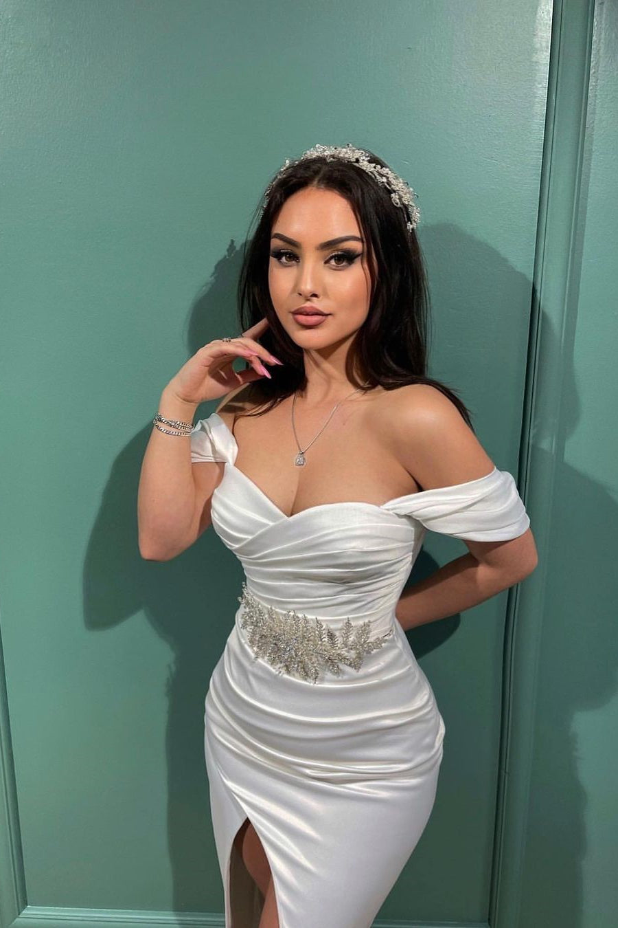 Charming White Mermaid Off-the-shoulder Sleeveless Evening Prom Dresses With Slit