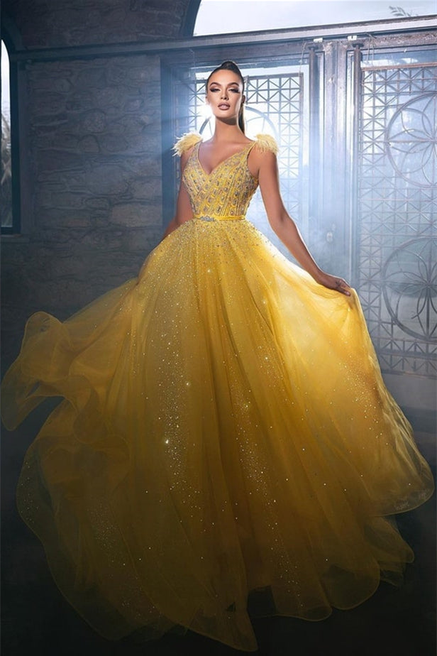 Charming Yellow Sequins Sleeveless Long A-Line Prom Dress With Beads
