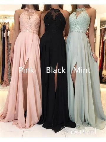 Long Bridesmaid Dresses Lace Top Chiffon Formal Dress with Slit BD066 by pgmdress