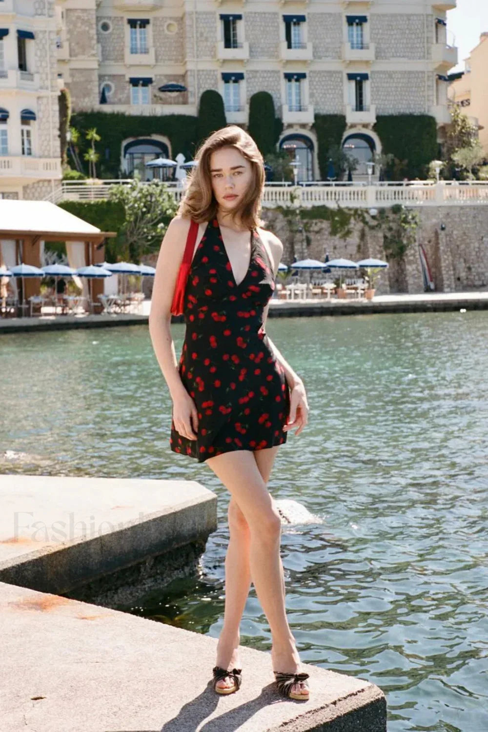 Cherry Print Deep Dress with Tailored Everyday Styling Boutique Fashion Style