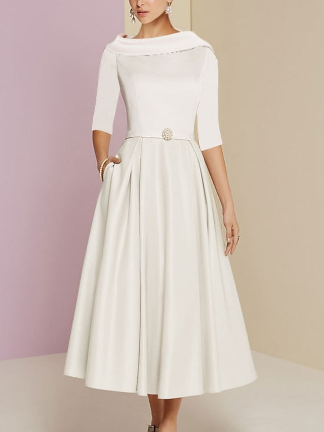 A-Line/Princess Jewel Neck Half Sleeve Tea-Length Mother of the Bride Dresses with Pockets Pleats - View 5 | FashionDia