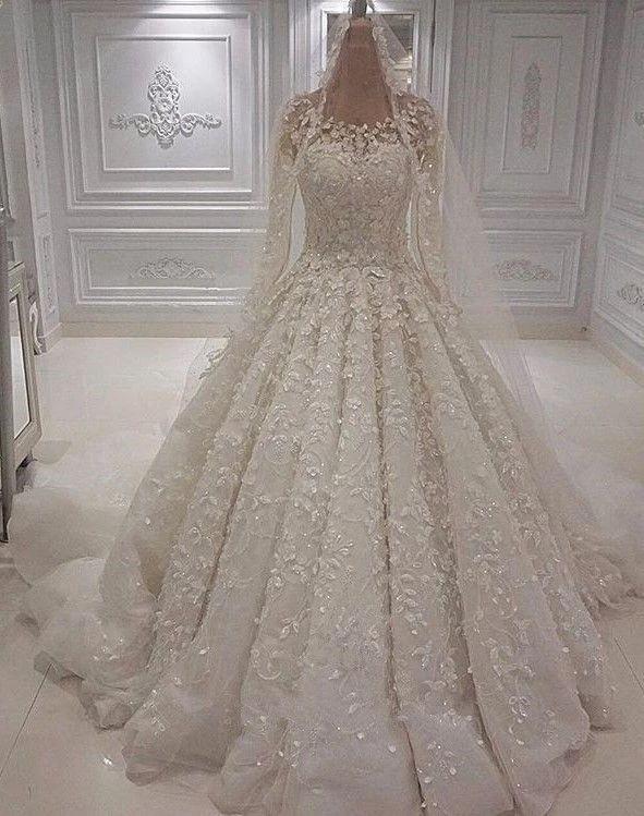 Chic Ivory Long A-line Jewel Tulle Appliques Lace Wedding Dresses (ZD14476)