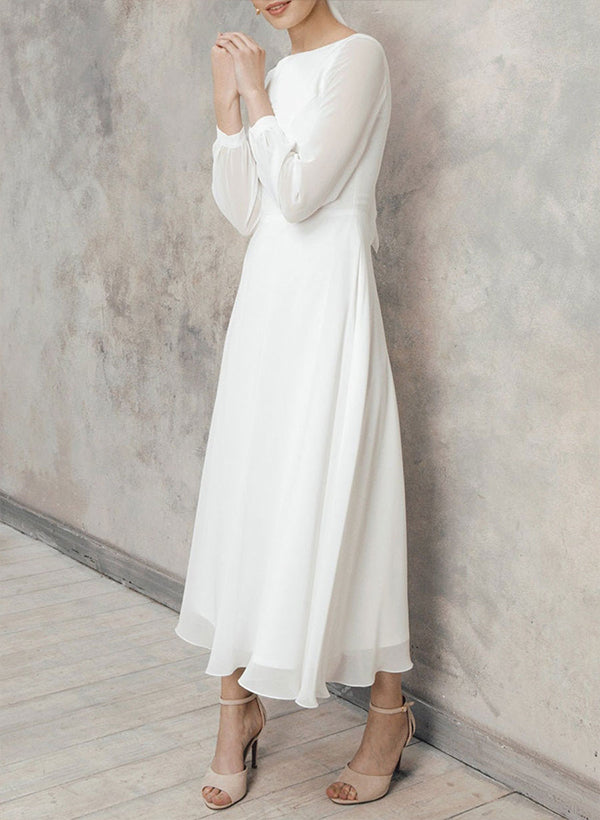 Chic A-Line Scoop Neck Long Sleeves Chiffon Ankle-Length Wedding Dress Ruffle