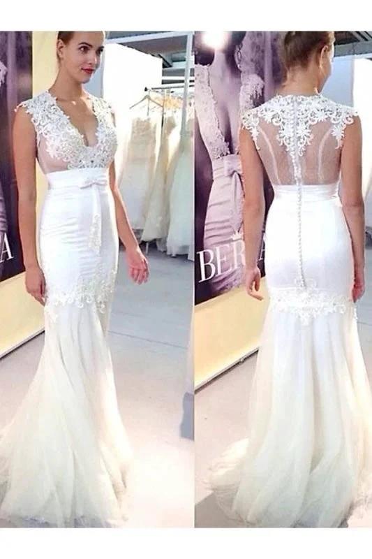 Chic Applique Tulle V-neck Sleeveless Mermaid Elegant Wedding Dresses (ZD14752)