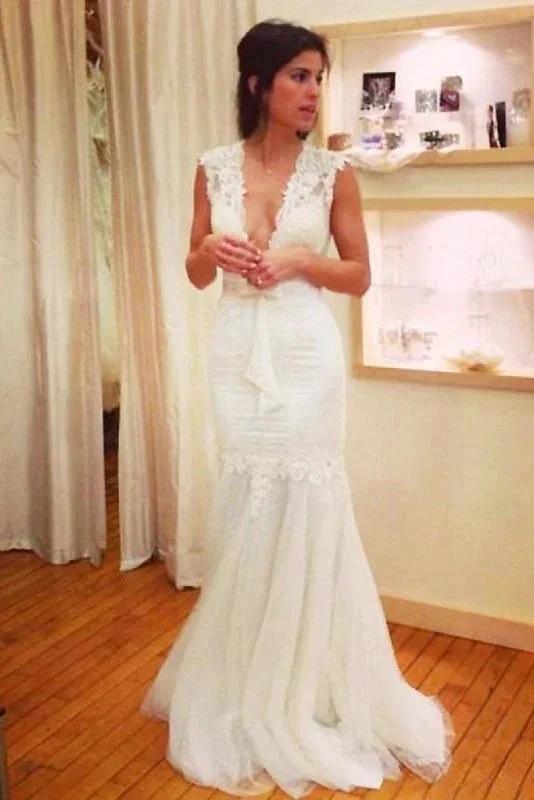 Chic Applique Tulle V-neck Sleeveless Mermaid Elegant Wedding Dresses (ZD14752)