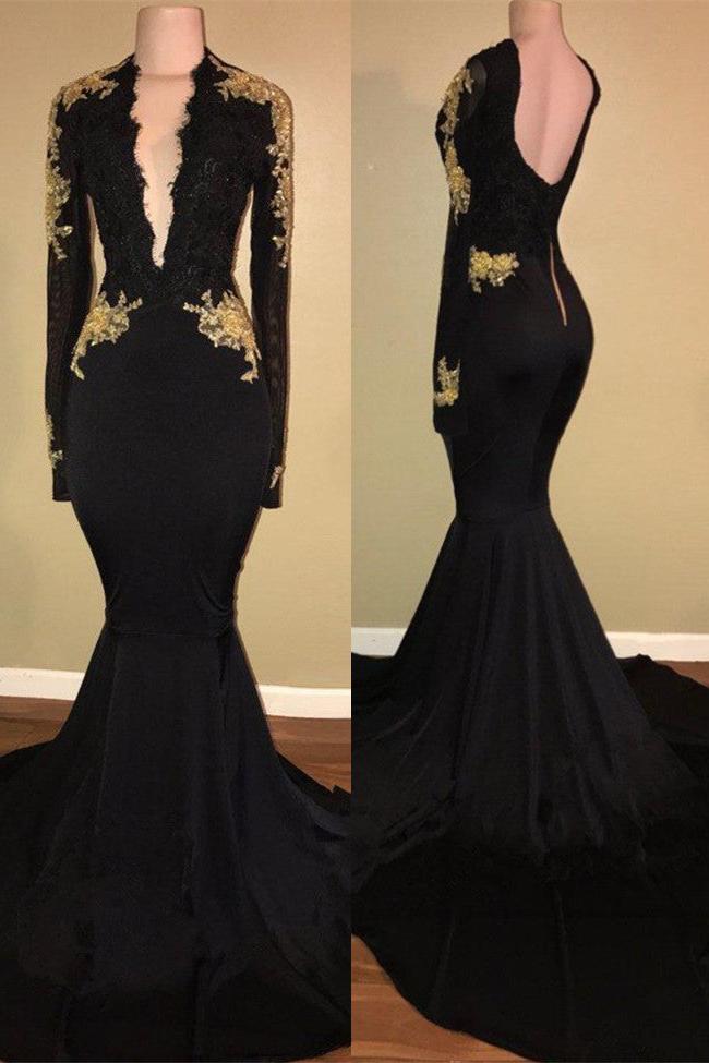 Chic Black prom dress Mermaid Long Sleeves Evening Dress
