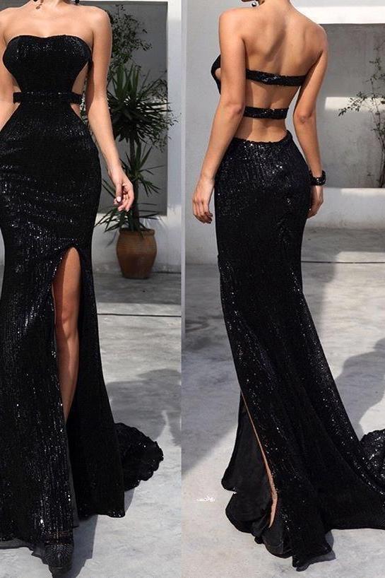 Chic Black Tube Top Sequins Floor-Length Prom Dresses With Split White Open Back Party Gowns