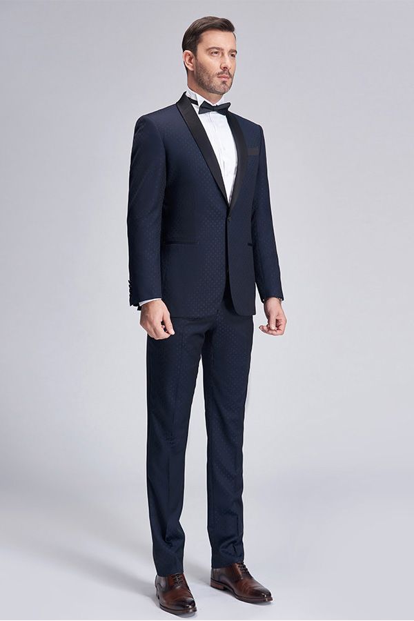 Chic Blue Dots Shawl Lapel Wedding Tuxedos Dark Navy Wedding Suits for Men