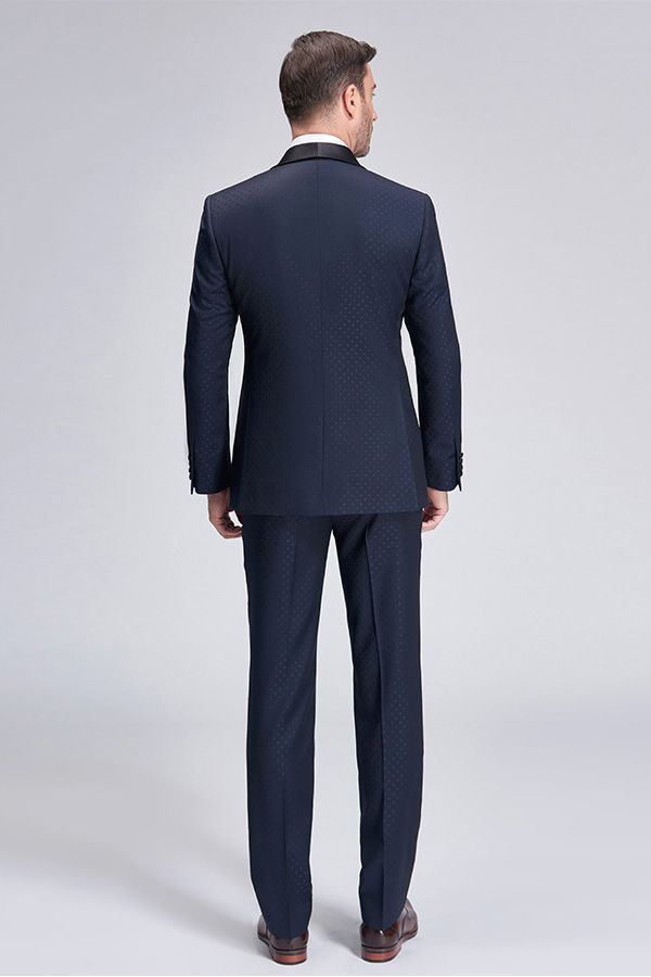 Chic Blue Dots Shawl Lapel Wedding Tuxedos Dark Navy Wedding Suits for Men
