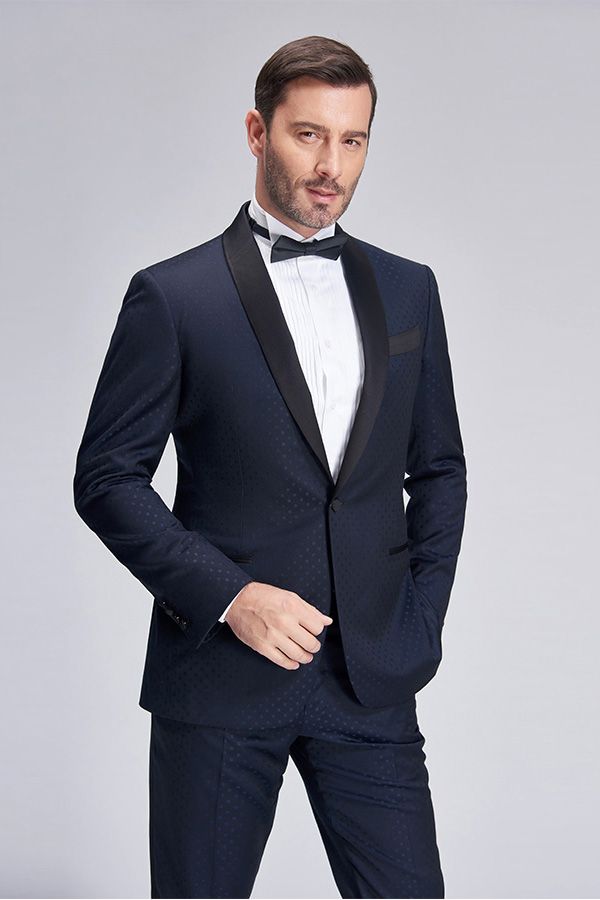 Chic Blue Dots Shawl Lapel Wedding Tuxedos Dark Navy Wedding Suits for Men