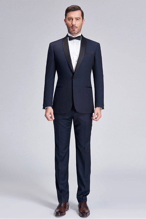Chic Blue Dots Shawl Lapel Wedding Tuxedos Dark Navy Wedding Suits for Men