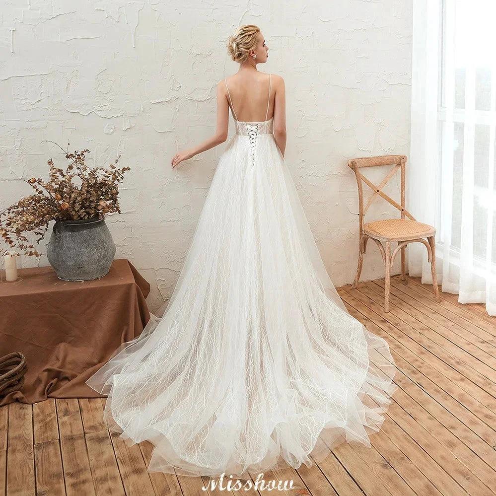 Chic Deep V-Neck White Tulle Princess Open Back Wedding Dress with Court Train (ZD13977)