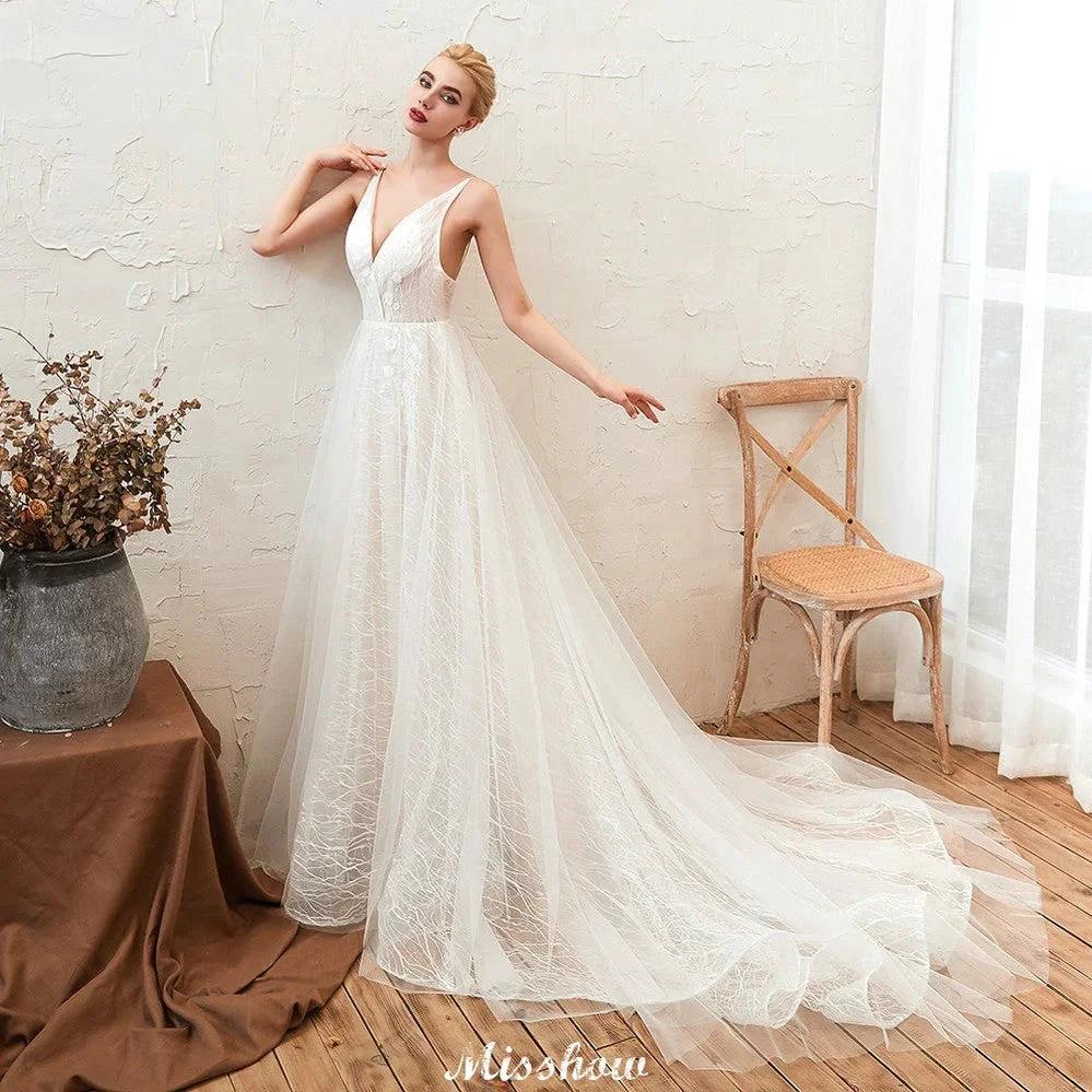 Chic Deep V-Neck White Tulle Princess Open Back Wedding Dress with Court Train (ZD13977)