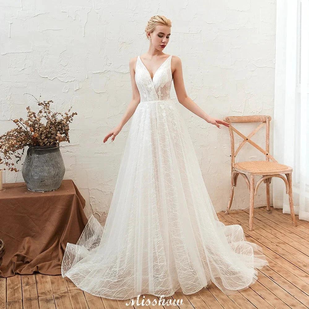 Chic Deep V-Neck White Tulle Princess Open Back Wedding Dress with Court Train (ZD13977)