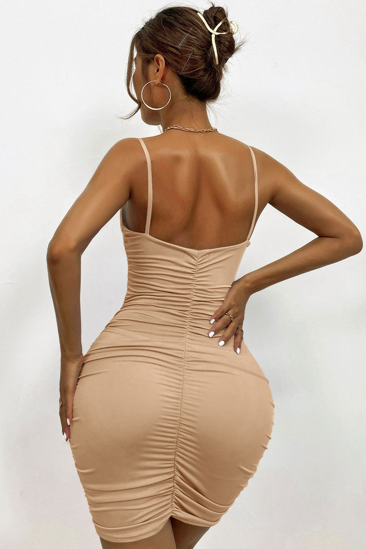 Chic Deep V Spaghetti Strap Sleeveless Bodycon Ruched Party Mini Dress - Khaki - Fashionpara