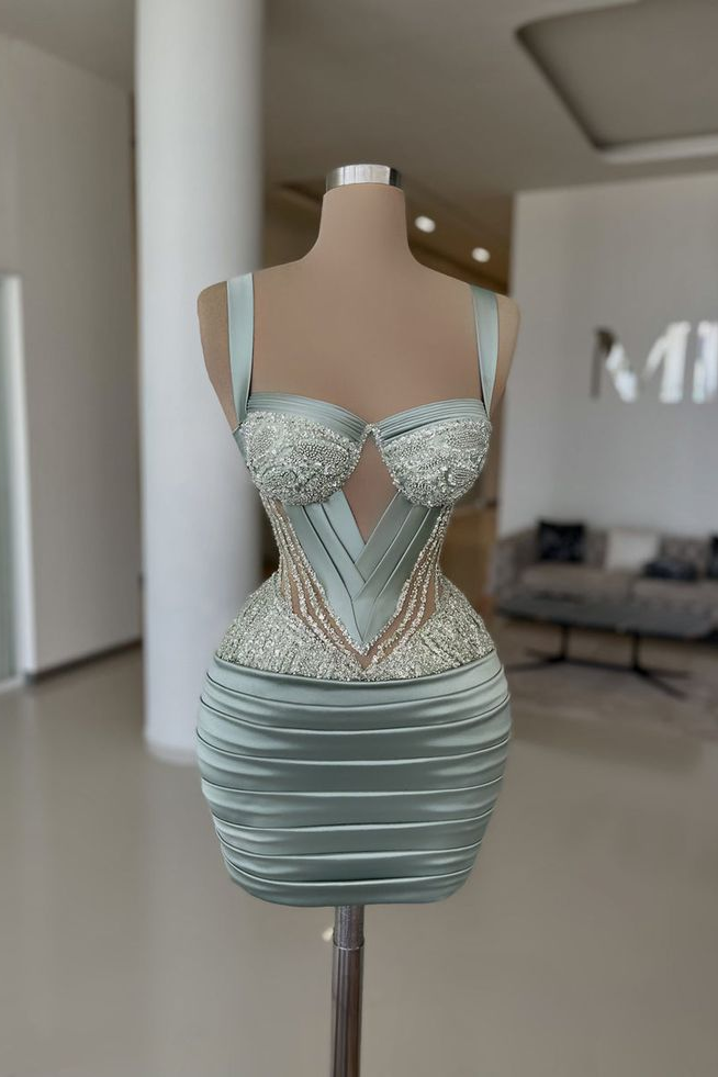 Chic Dusty Sage Spaghetti-Straps Sweetheart Satin Homecoming Dresses Sleeveless Mini Prom Dresses With Beads