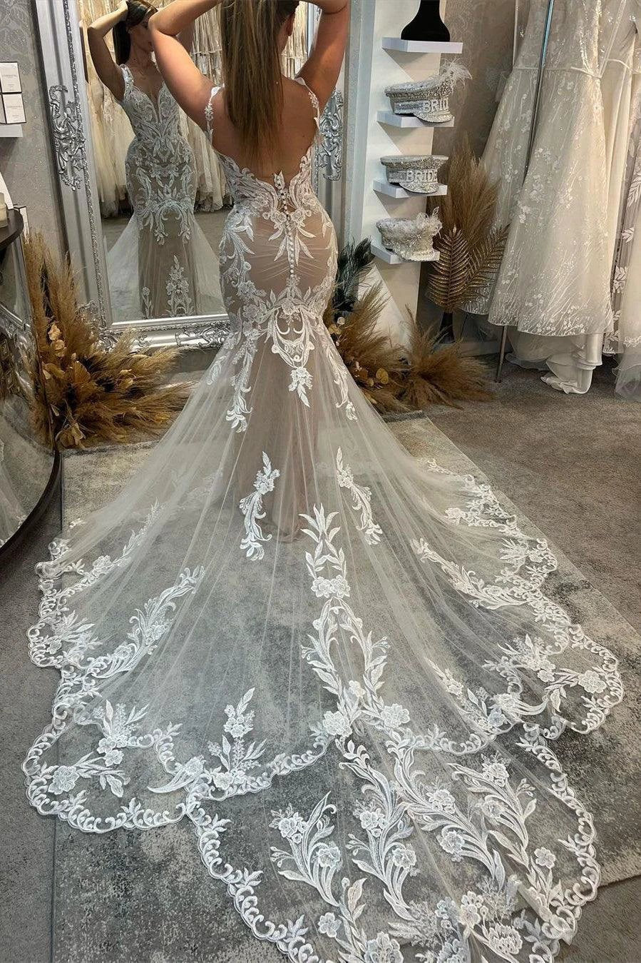 Chic Floor Length V-Neck Sleeveless Mermaid Lace Wedding Dress with Chapel Train (ZD15762)