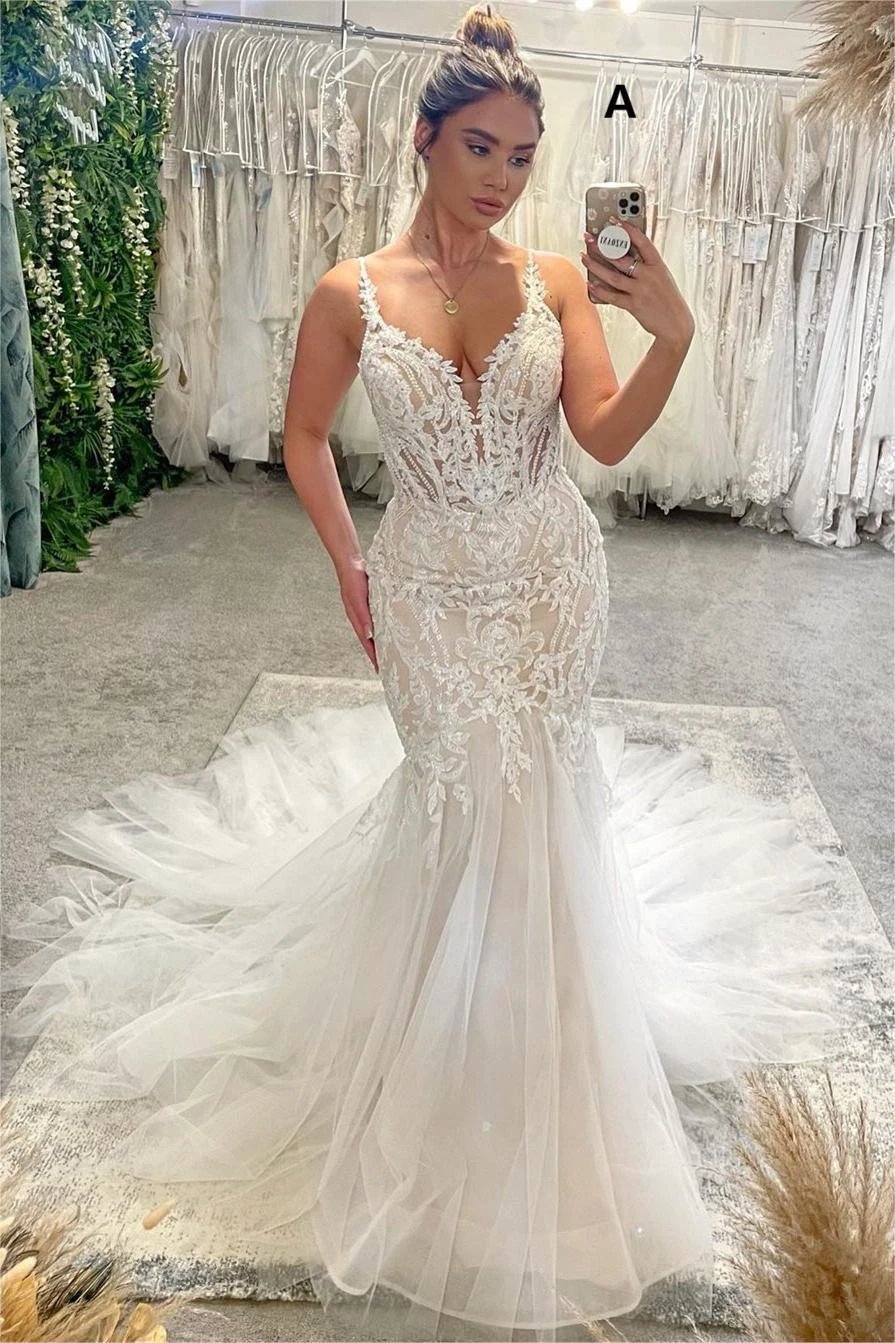 Chic Floor Length V-Neck Spaghetti Straps Sleeveless Mermaid Wedding Dress with Chapel Train (ZD16492)