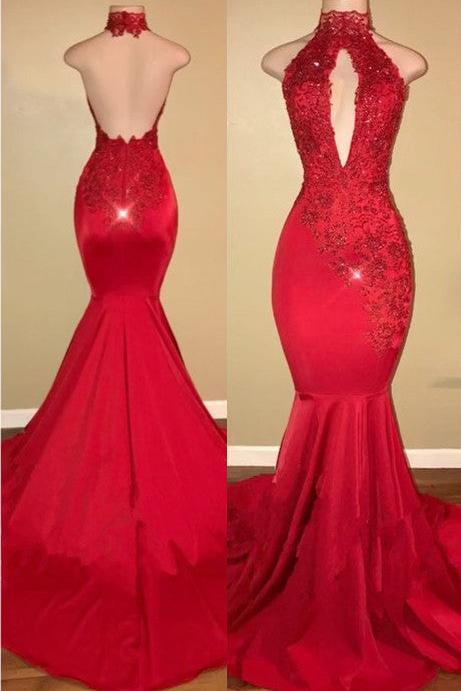 Chic Halter Mermaid Prom Party GownsLong With Lace Appliques