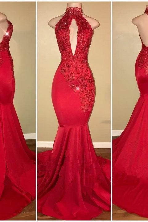 Chic Halter Mermaid Prom Party GownsLong With Lace Appliques