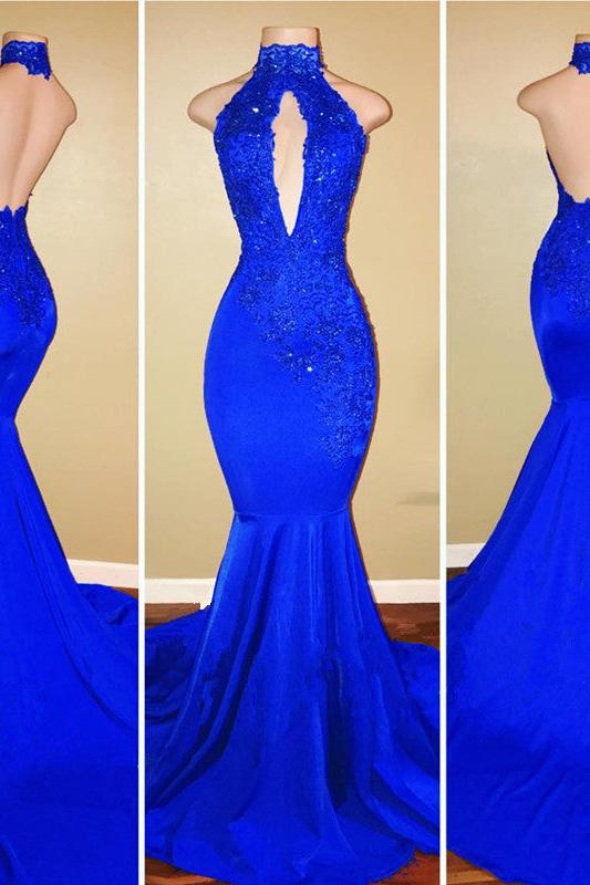 Chic Halter Mermaid Prom Party GownsLong With Lace Appliques