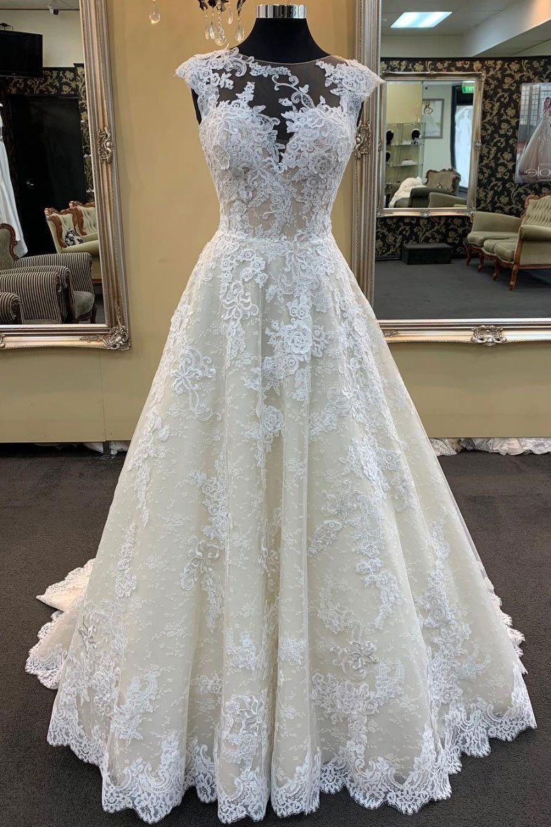 Chic Ivory Lace Round Neck Long Wedding Dress Cap Sleeve Sweep Train Bridal Gowns On Sale (ZD17449)