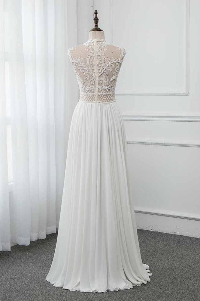 Chic Jewel Chiffon Ruffle White Wedding Dresses Lace Top Sleeveless Bridal Gowns with Pearls (ZD17454)
