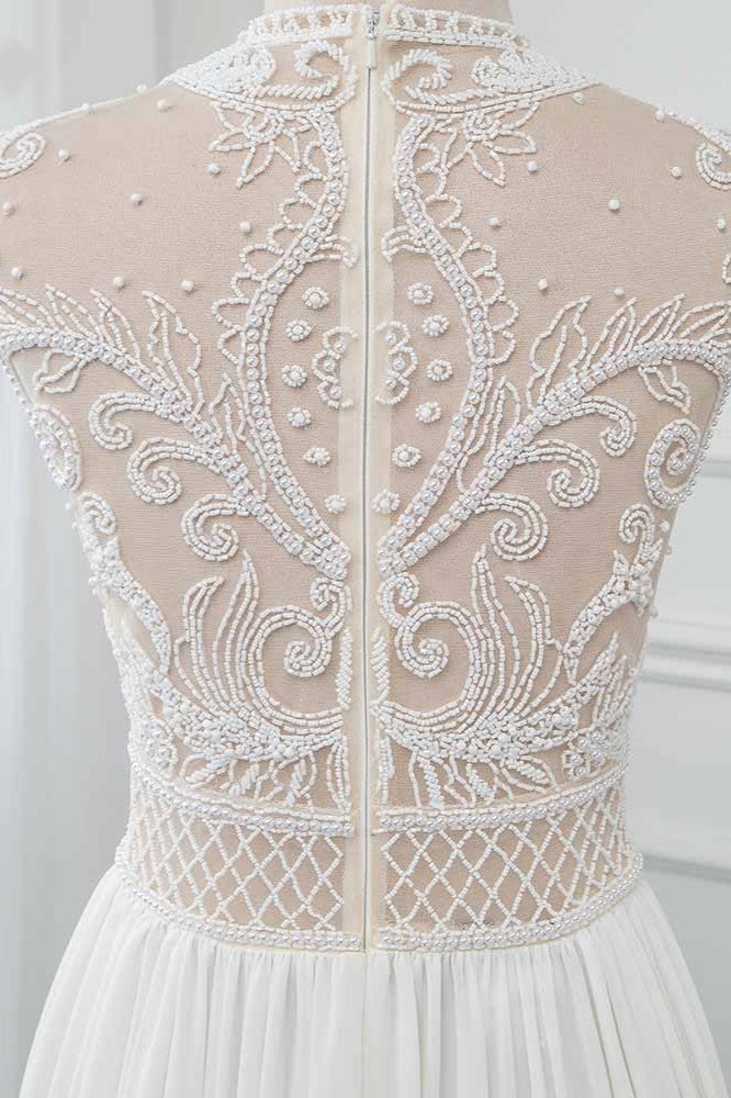 Chic Jewel Chiffon Ruffle White Wedding Dresses Lace Top Sleeveless Bridal Gowns with Pearls (ZD17454)