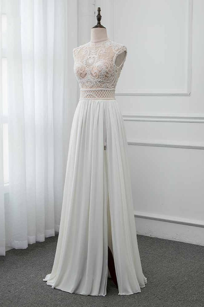 Chic Jewel Chiffon Ruffle White Wedding Dresses Lace Top Sleeveless Bridal Gowns with Pearls (ZD17454)