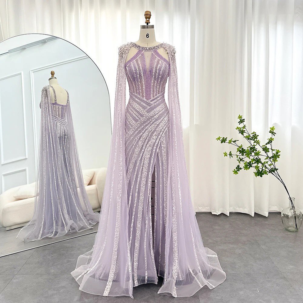Chic Lilac Scoop Mermaid Evening Dress Split With Beadings Ruffle
