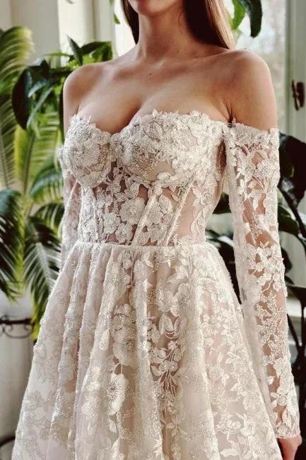 Chic Long A-line Off-the-shoulder Lace Beading Wedding Dress with Long Sleeves (ZD15565)