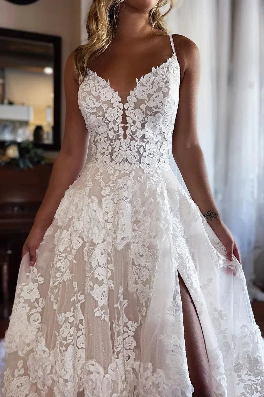 Chic Long A-line Spaghetti Straps Lace Wedding Dress With Slit (ZD16391)