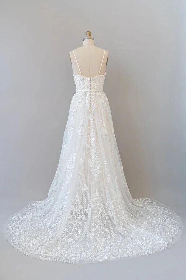 Chic Long A-line Sweetheart Spaghetti Strap Appliques Tulle Wedding Dress (ZD15781)