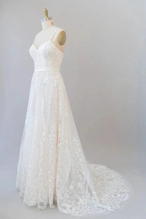 Chic Long A-line Sweetheart Spaghetti Strap Appliques Tulle Wedding Dress (ZD15781)
