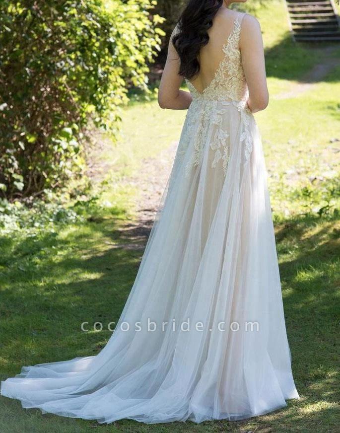 Chic Long A line V neck Appliques Lace Tulle Wedding Dress (ZD14461)