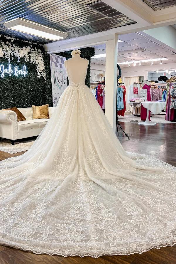 Chic Long A-line V-neck Floral Lace Open Back Wedding Dresses (ZD16725)