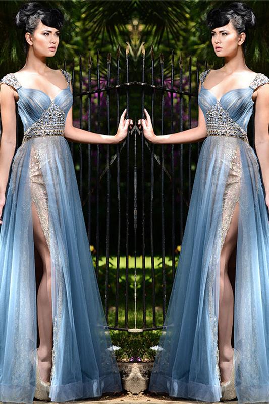Chic Long Blue Formal Evening Dresses Tulle Crystal Chic Slit Prom Dresses