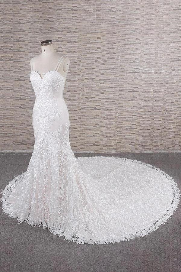 Chic Long Mermaid Sweetheart Spaghetti Strap Appliques Lace Wedding Dress (ZD15808)