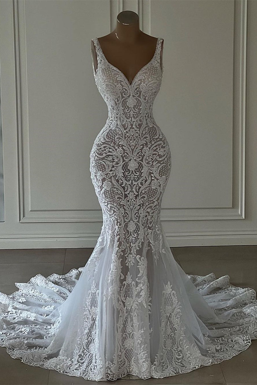 Chic Long Mermaid V-neck Sleeveless Wedding Dress with Lace Embellishments (ZD17484)