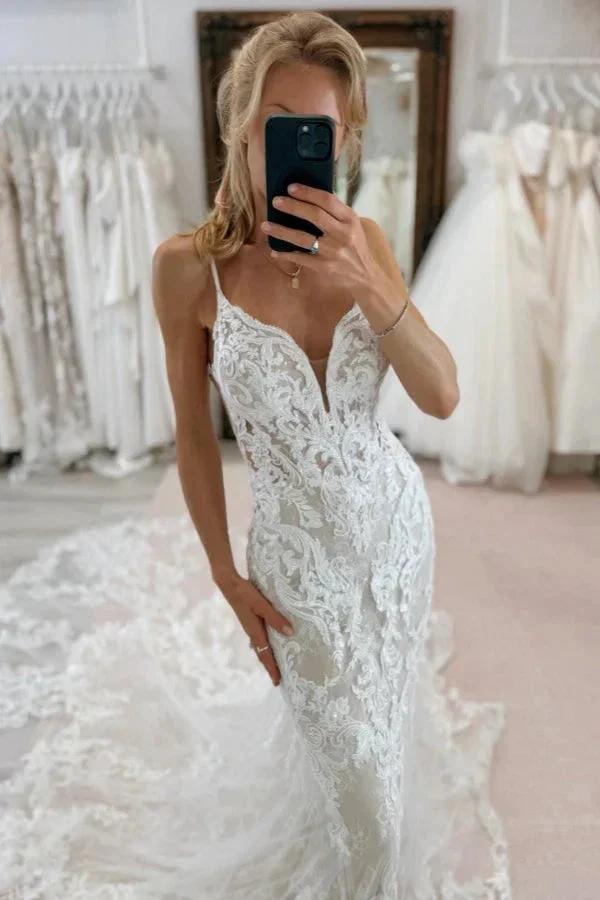 Chic Long Mermaid V-neck Spaghetti Straps Backless Lace Wedding Dress (ZD15504)