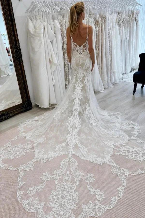 Chic Long Mermaid V-neck Spaghetti Straps Backless Lace Wedding Dress (ZD15504) - View 2 | VelvetHem